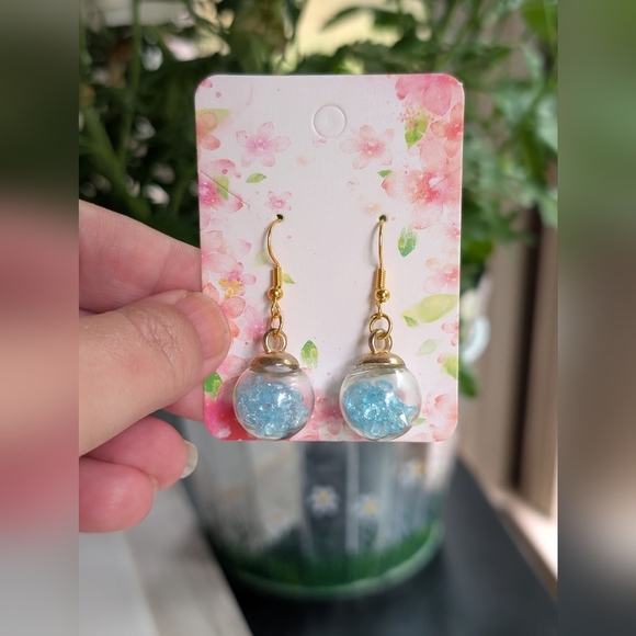 Hand Crafted Jewelry - Fun Ball Shaped Gold and Blue Dangle Earrings